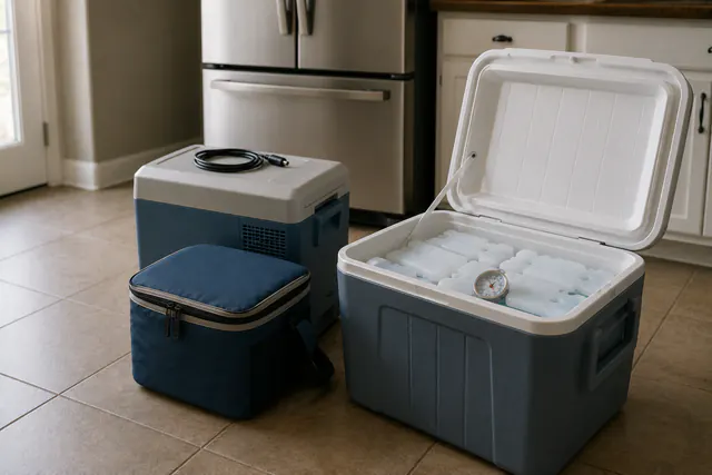 An open hard cooler holding frozen gel packs and a small analog thermometer, beside a soft cooler and a portable electric cooler.