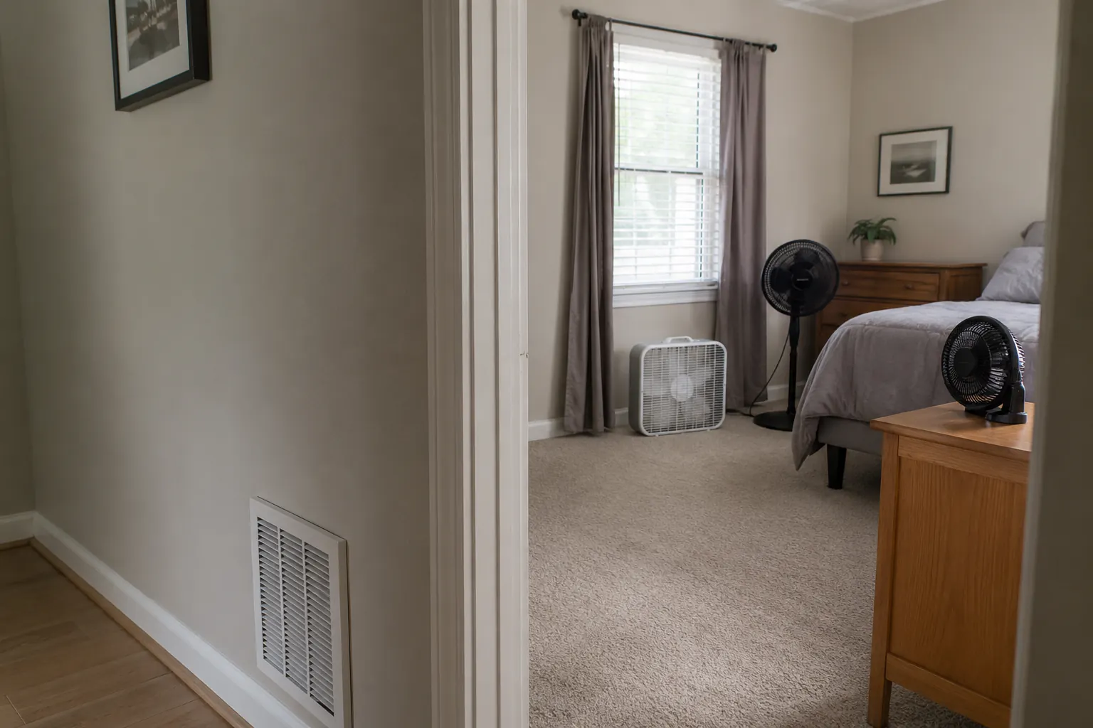 A box fan, a pedestal fan, and a small battery fan placed around a bedroom.