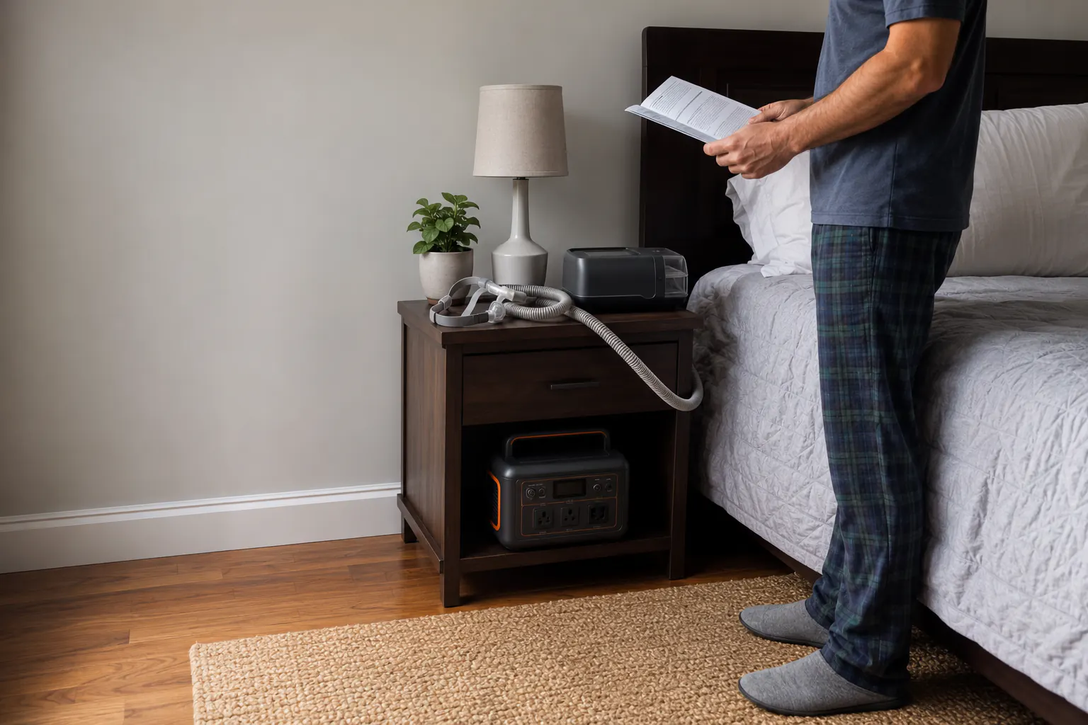 A person in pajamas reading a manual beside a CPAP machine on a nightstand and a power station on the shelf below.