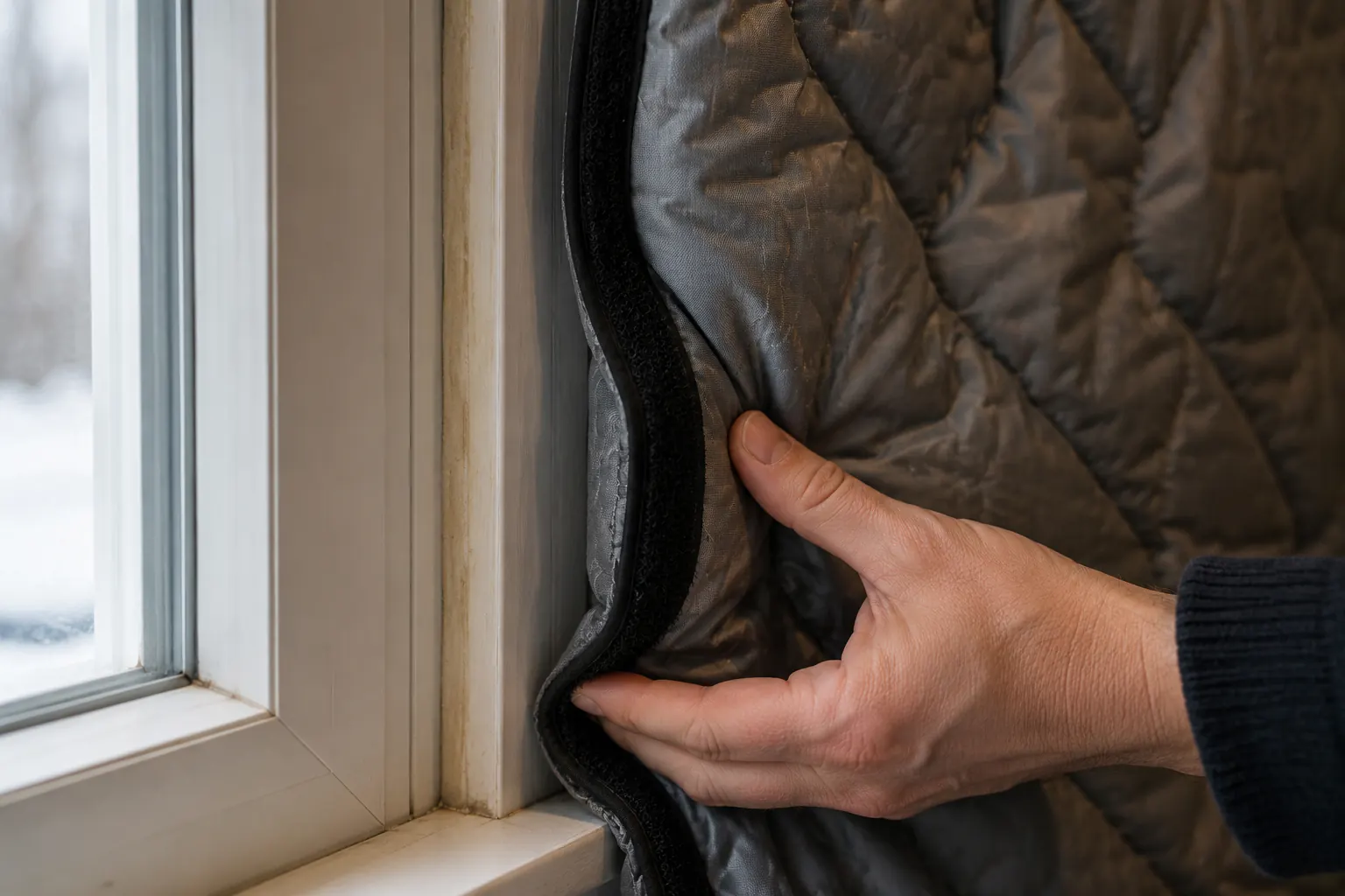 Hands securing an insulated covering over a small window in winter.