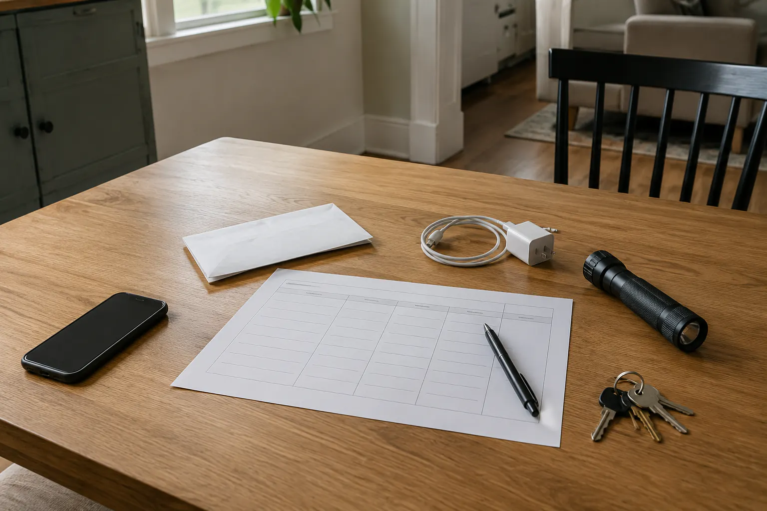 A blank route-planning grid, a sealed envelope, a phone charger, a flashlight, keys, and a phone face down on a table.