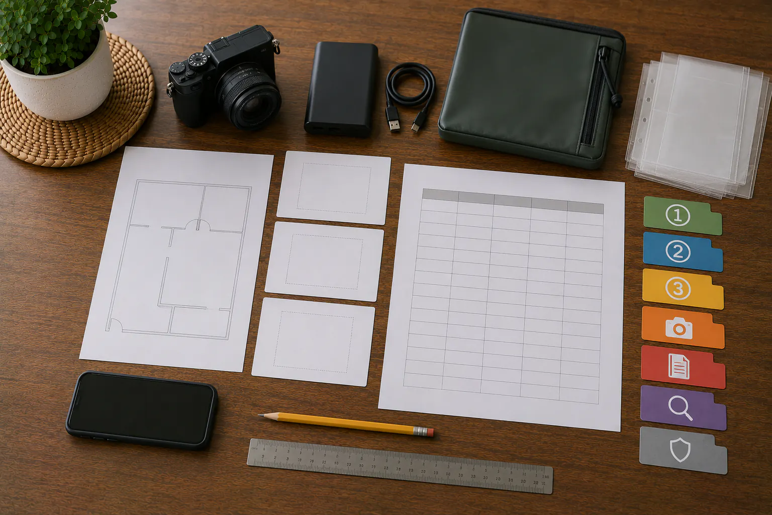 An overhead damage-documentation workspace with a blank room outline, empty photo placeholder cards, a blank inventory grid, a pencil, a ruler, symbol-only tabs, a phone, a switched-off camera, a disconnected power bank, a closed pouch, and empty receipt sleeves.