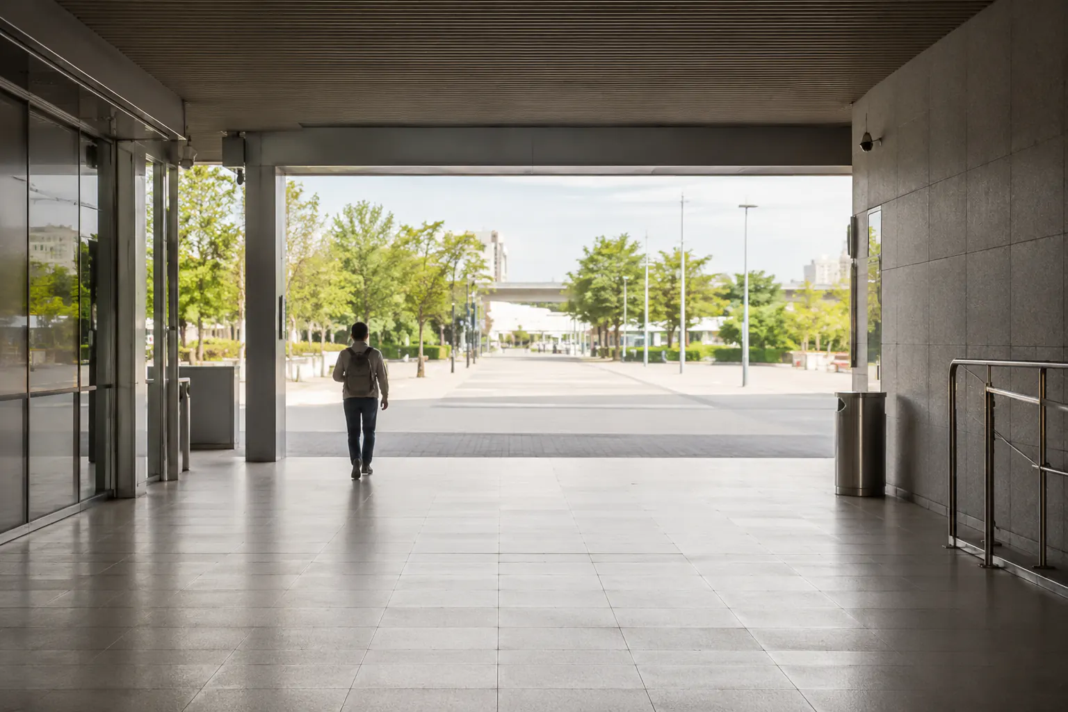 A bright open public concourse with generous space and a clear exit ahead, a single figure walking toward it seen from behind.