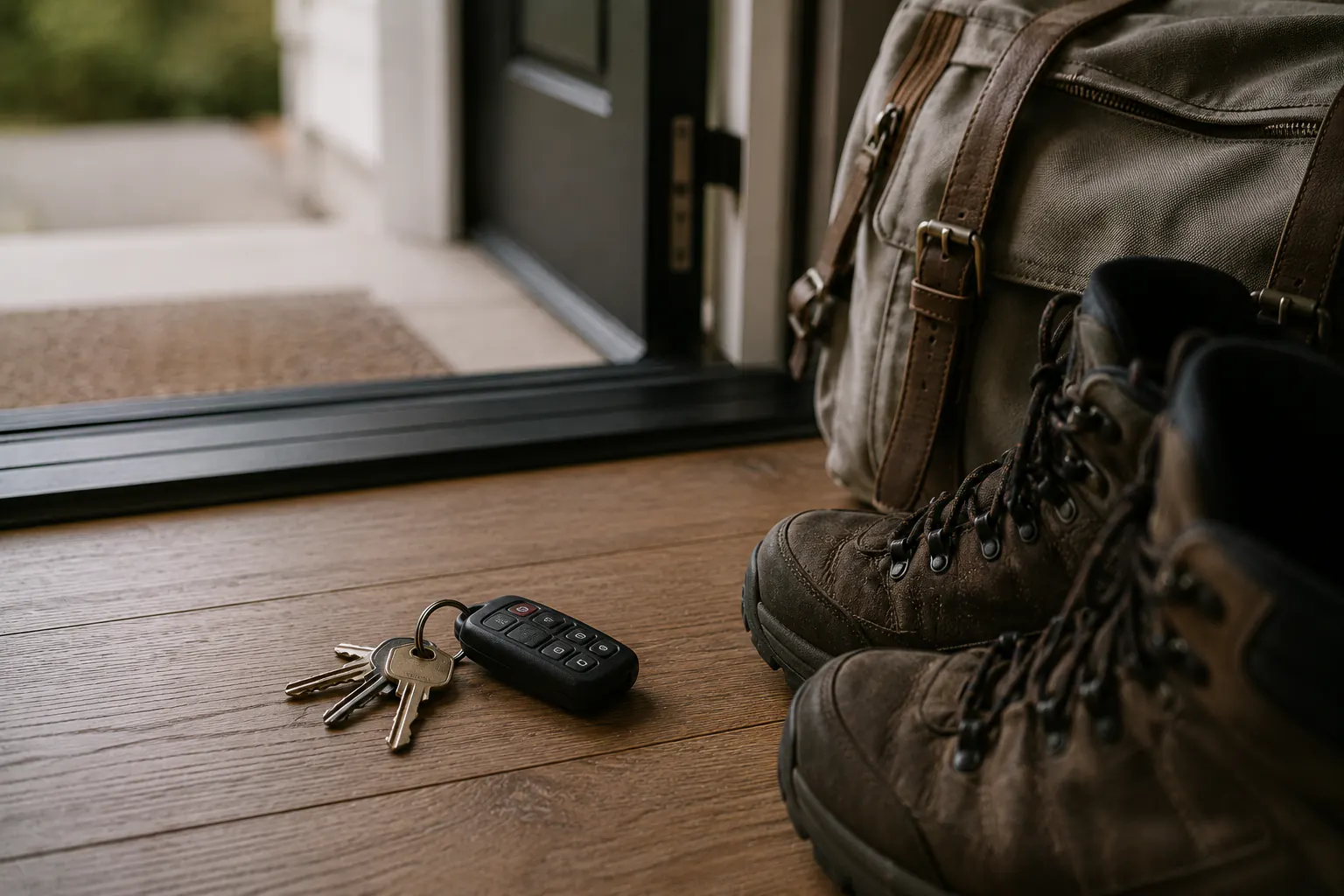 A duffel bag waiting on a doormat by an open front door, with a lit lamp and calm living room visible down the hallway behind it.