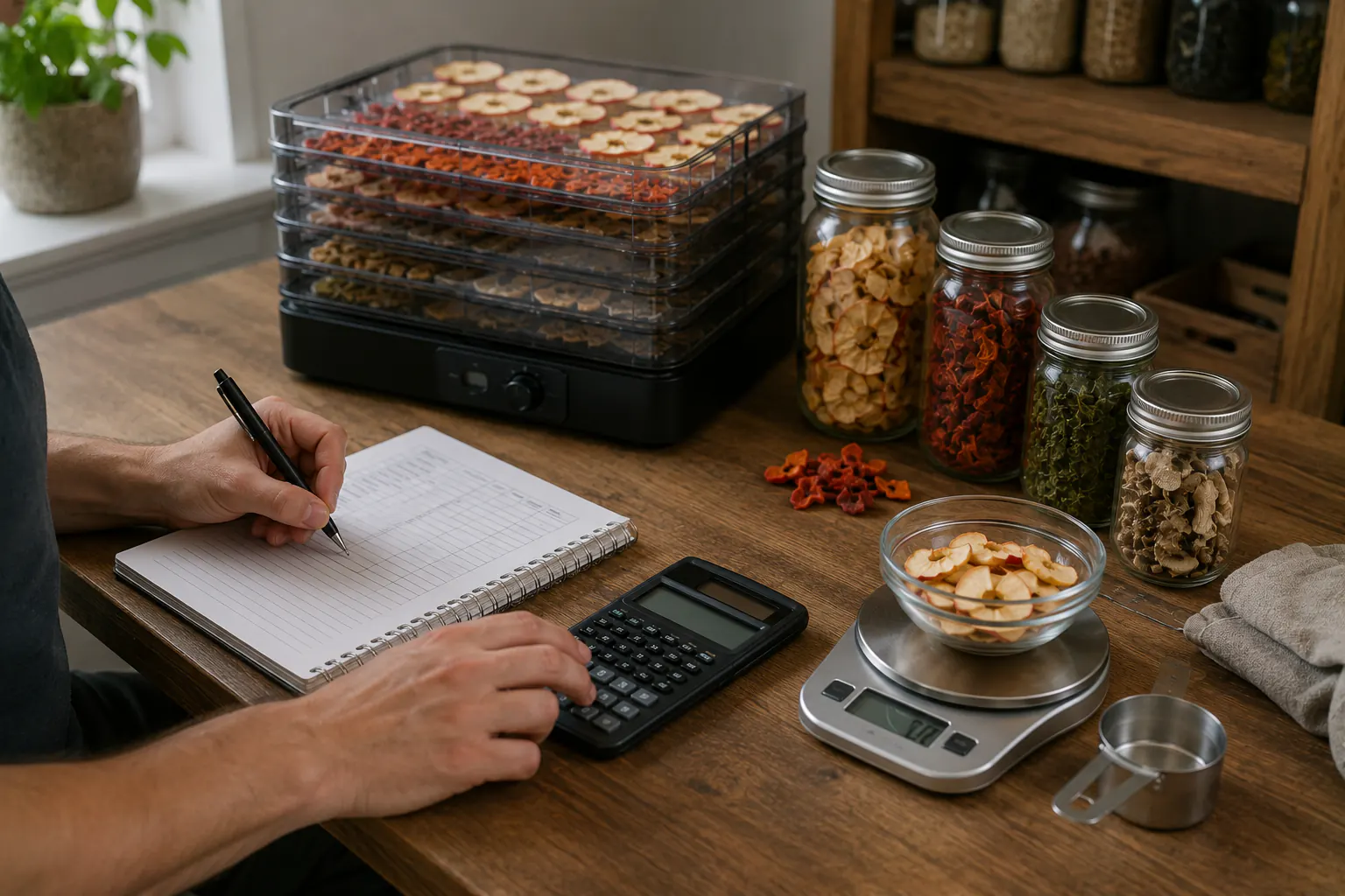 A countertop dehydrator, jars of dried food, a kitchen scale, a calculator, and hands writing in a notebook.