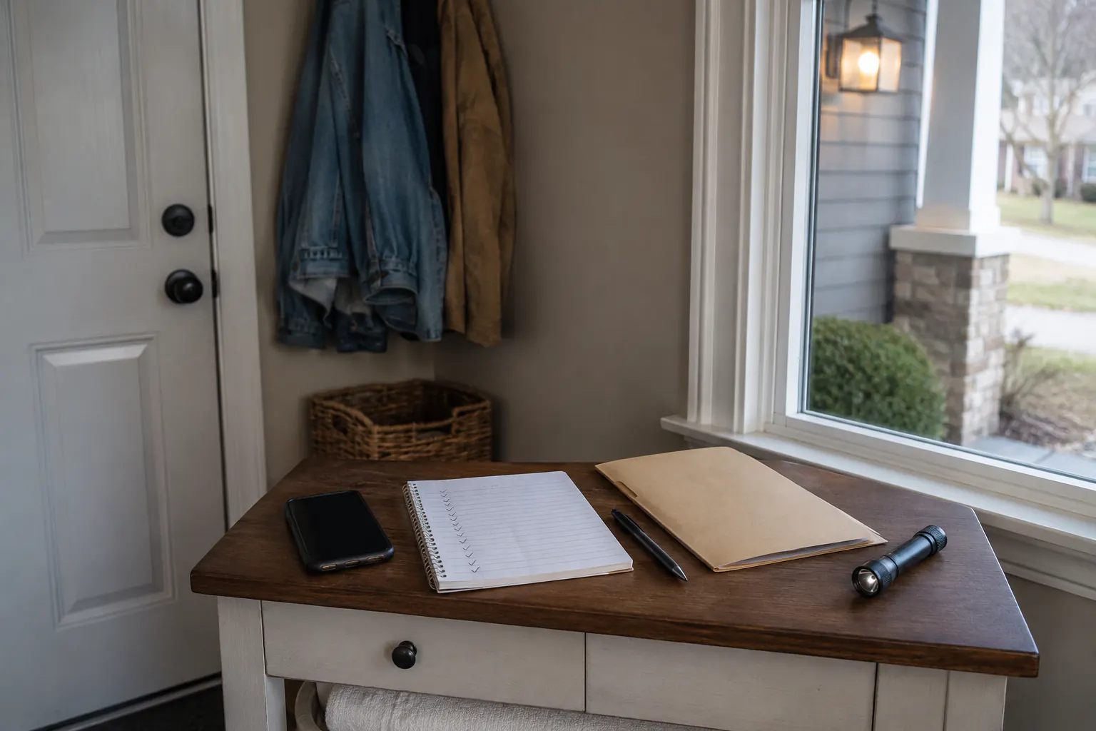 A notebook with ticked checkboxes, a folder, a phone, and a flashlight on an entry table beside a front door and window.