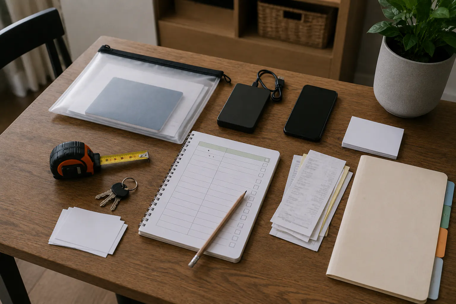 Flood-claim planning workspace with a document pouch, phone, external drive, blank inventory notebook, tape measure, keys, receipt-sized papers, and folders.