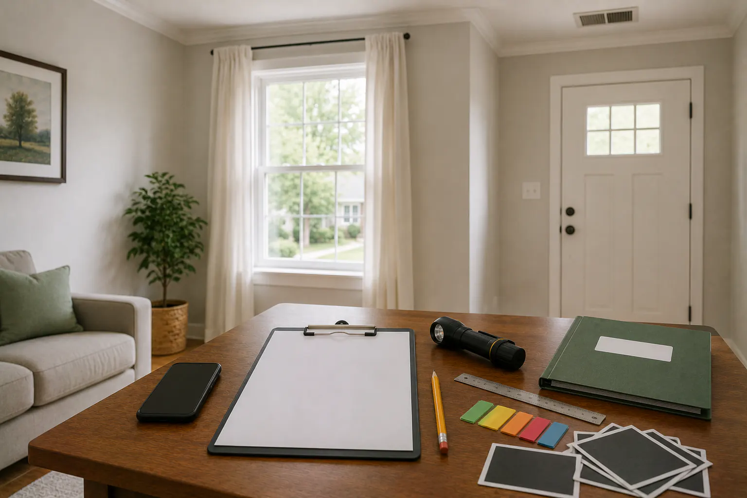 An inspection-planning table with a blank clipboard, a pencil, a phone, a switched-off flashlight, a ruler, color tabs, a closed folder, and reference photos turned face down, with an intact window, door, and HVAC grille in the background.