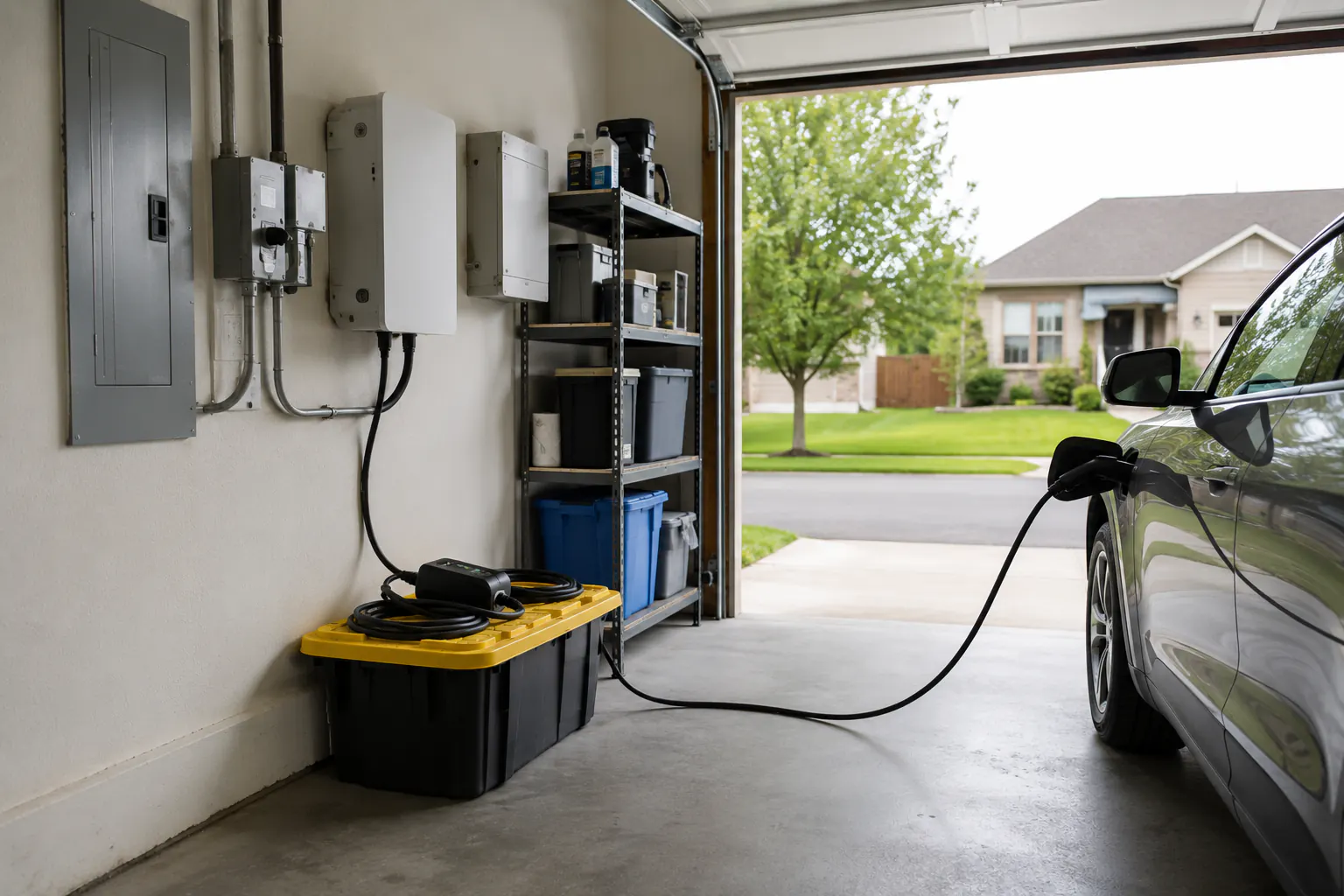 An electric vehicle connected by a charging cable in an open garage beside a home electrical panel.