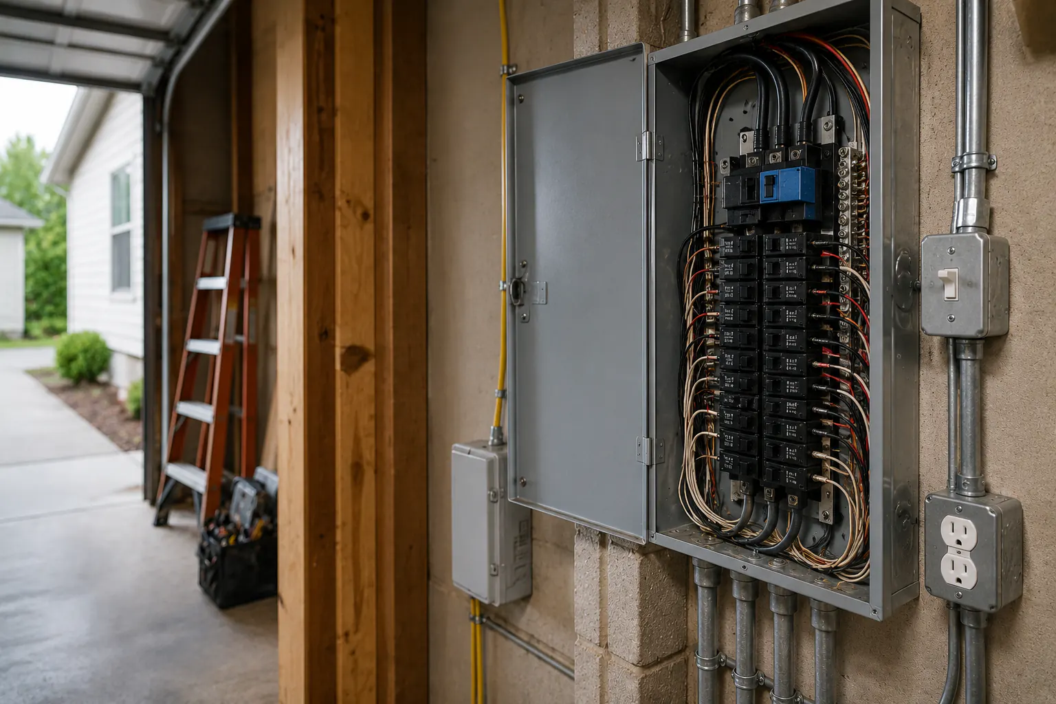 A closed electrical panel with its cover in place, viewed straight on in an ordinary home, with no tools or work in progress.