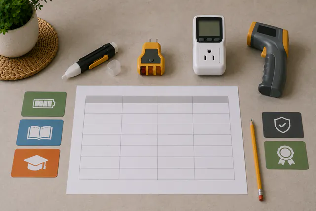 An overhead comparison of four switched-off electrical-check tool categories on a dry table — a capped non-contact detector, a receptacle tester not inserted, a plug-in energy monitor, and an infrared thermometer — with a blank matrix and text-free cards.