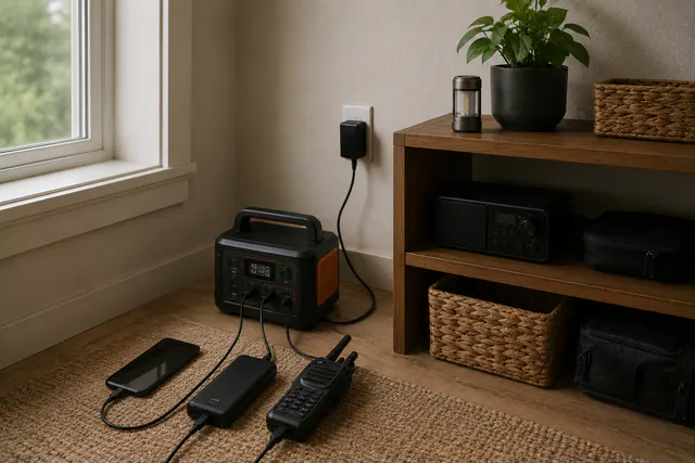 Four separate trays on a wall shelf holding a power bank, coiled cables, a battery weather radio, and a phone, beside a wall outlet with a bag hanging alongside.