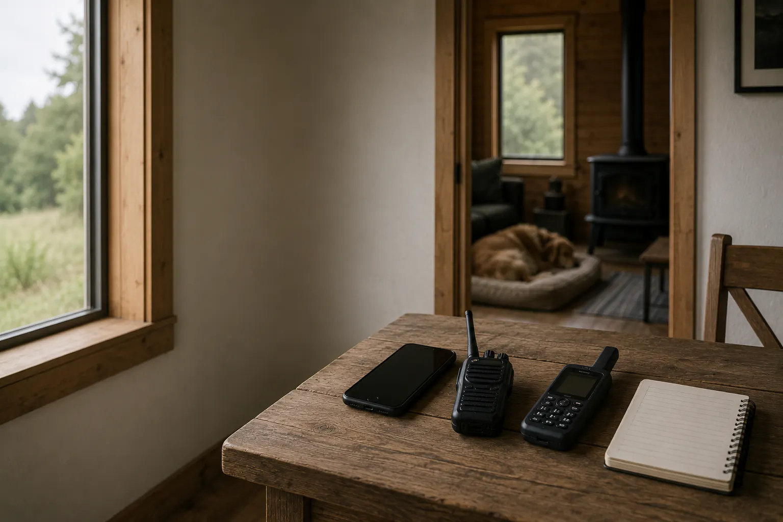A phone, a battery weather radio with its antenna up, a handheld satellite communicator, and a corded landline handset lined up on a windowsill, all switched off.