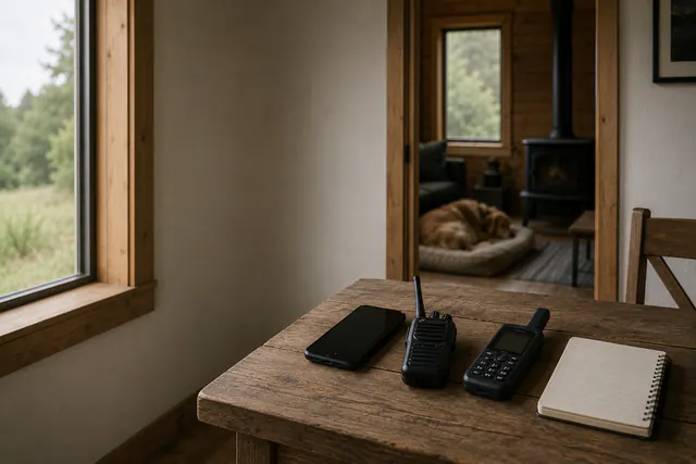 A phone, a battery weather radio with its antenna up, a handheld satellite communicator, and a corded landline handset lined up on a windowsill, all switched off.