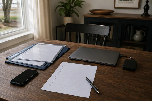 Protected folders, a closed laptop, an external drive, a blank checklist, a pen, and a phone on a dining table.