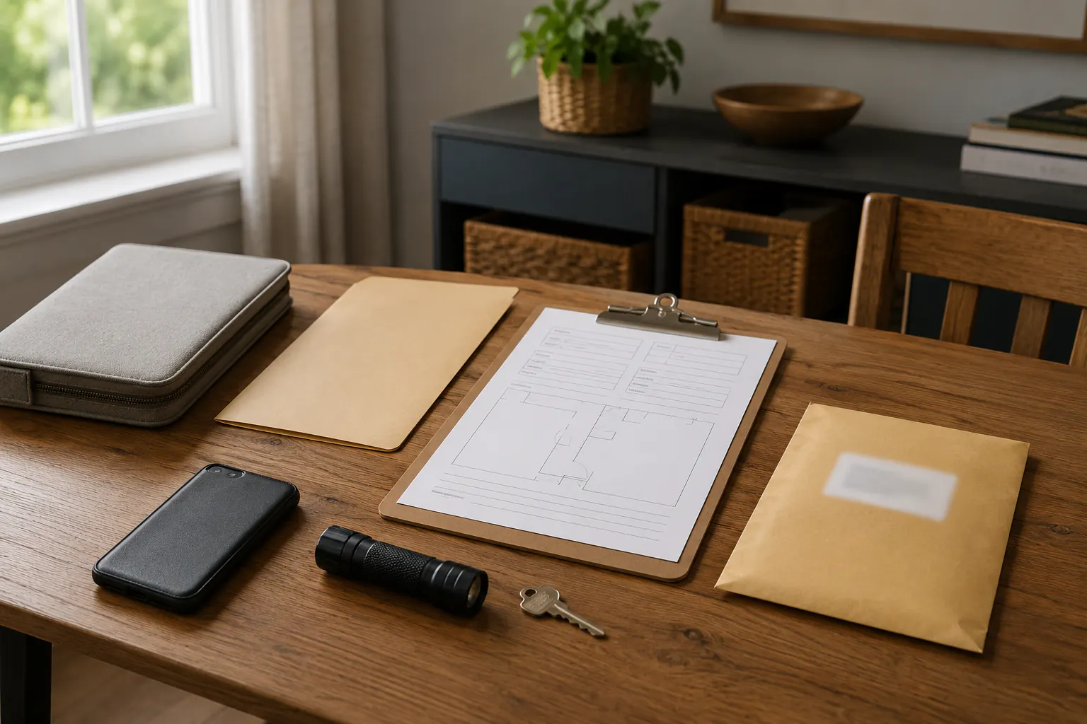 A zipped document case, folder, blank record map on a clipboard, envelope, phone, flashlight, and key on a table.