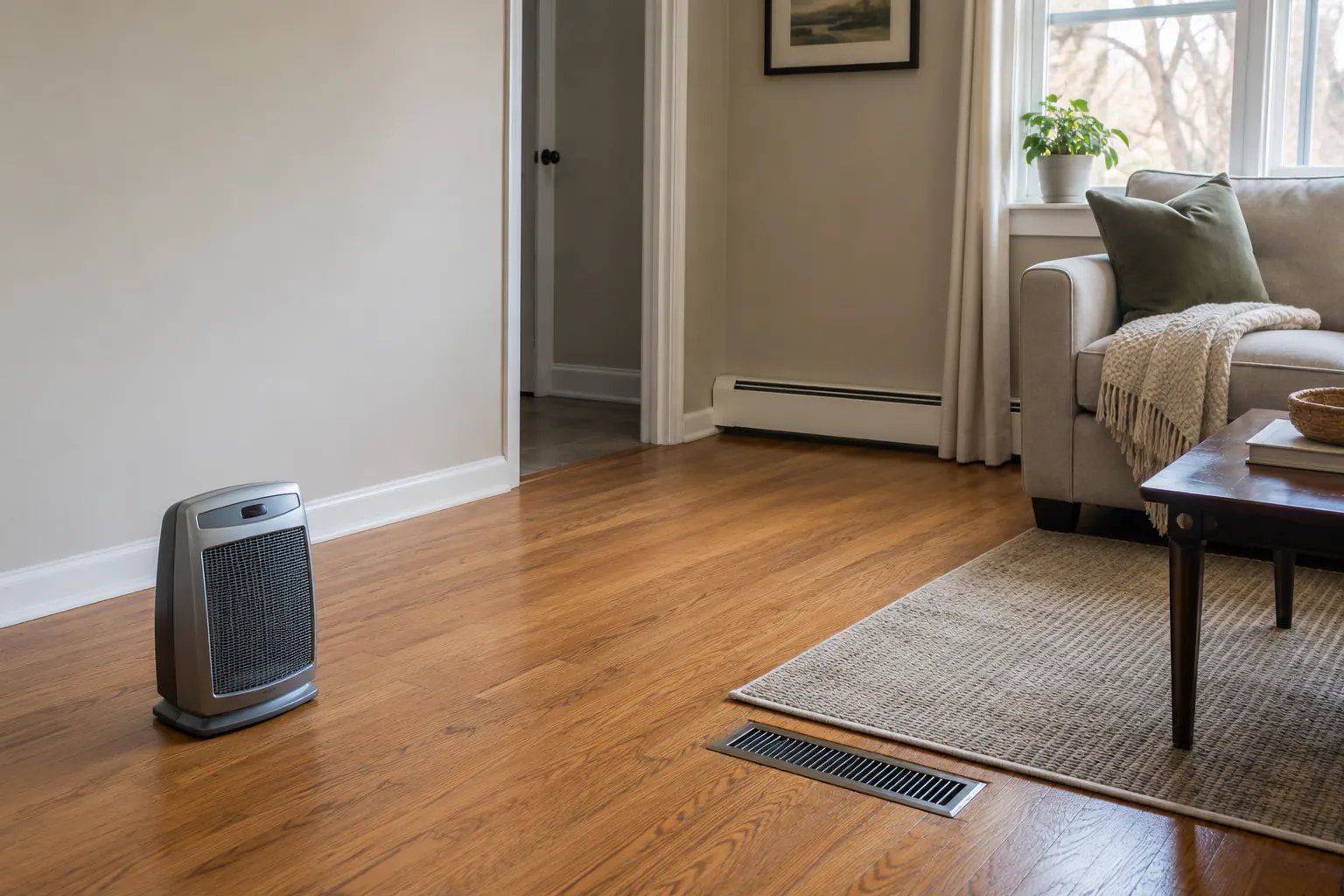 A portable ceramic heater switched off on hardwood flooring, a baseboard heater along the wall, and a central-heat floor vent nearby in a modest living room.