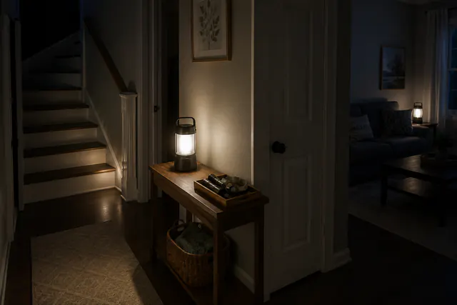 A dimly lit entry hall at night with a battery lantern on a console table, a tray of flashlights and a headlamp beside it, and a fully clear staircase lit from the side.