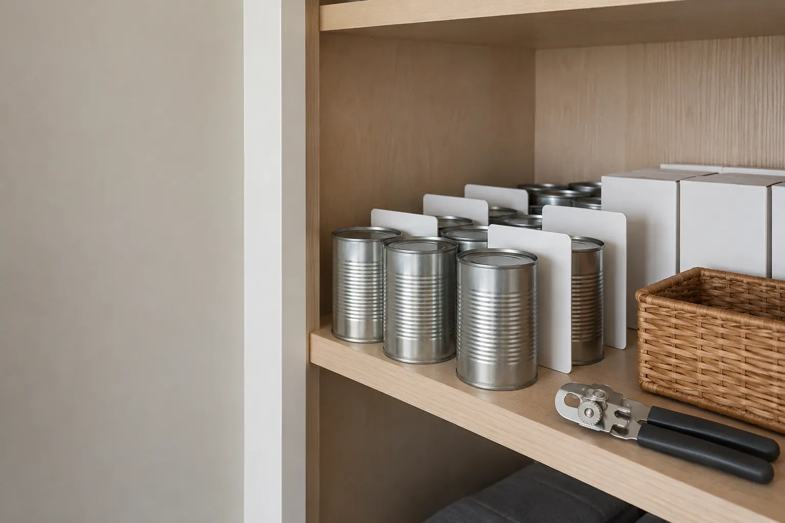 Blank cans and boxes arranged front-to-back behind plain shelf dividers, with a basket and manual can opener on a pantry shelf.