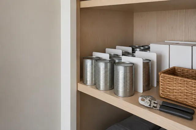 Blank cans and boxes arranged front-to-back behind plain shelf dividers, with a basket and manual can opener on a pantry shelf.
