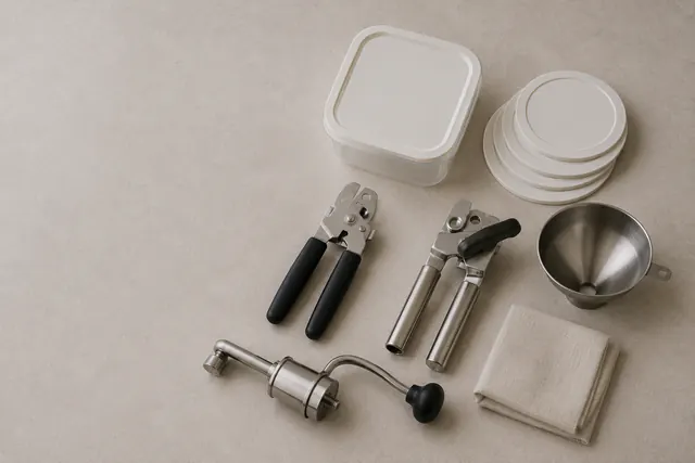 Two manual can openers, food-storage containers and lids, a metal funnel, a hand-crank tool, and a folded cloth on a neutral surface.