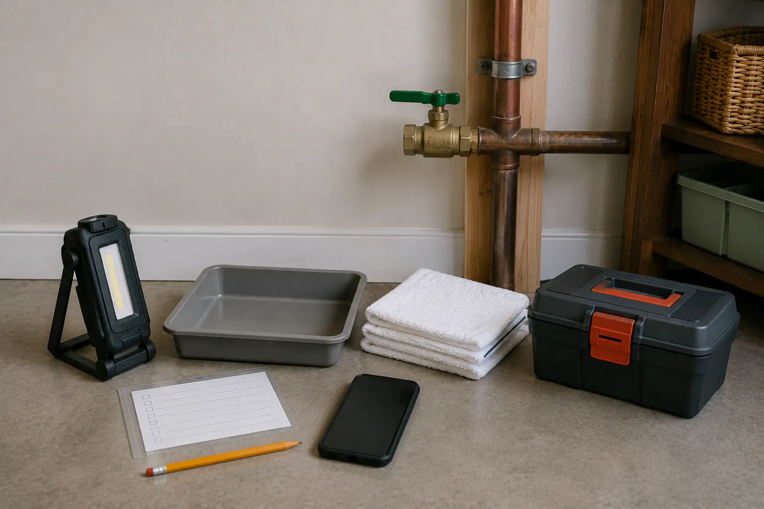 An accessible household water valve on an intact supported pipe, viewed from a few feet away with no hand touching it, beside a switched-off task light, an empty tray, folded towels, a blank card, a pencil, a phone, and a closed response box on a dry floor.