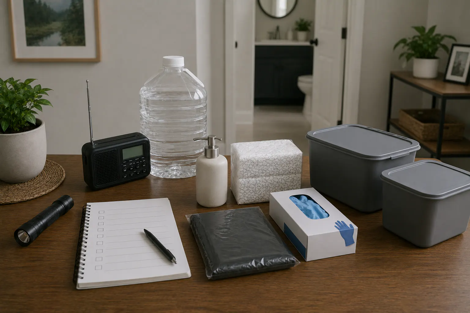A dining table with a blank sanitation checklist, a soap dispenser, sealed paper products, boxed disposable gloves, two lidded storage bins, a separate water container, a radio, and a flashlight; a bathroom doorway is visible in the background.