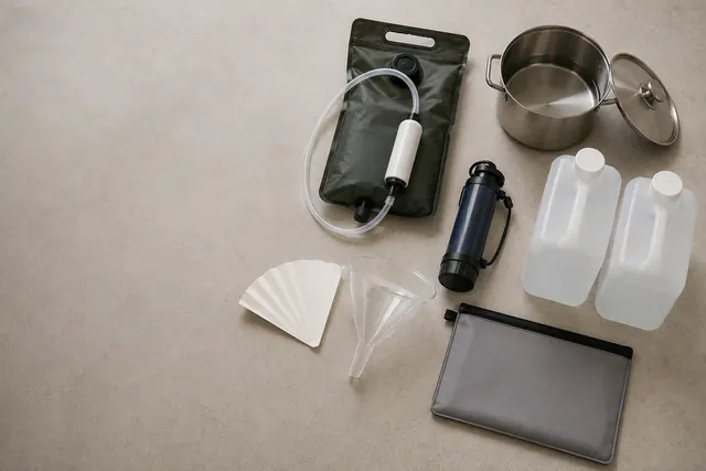 An overhead layout of separate water-treatment concepts on a neutral surface: an unbranded gravity filter bag with intact cartridge, a switched-off compact UV device, and a stainless pot.