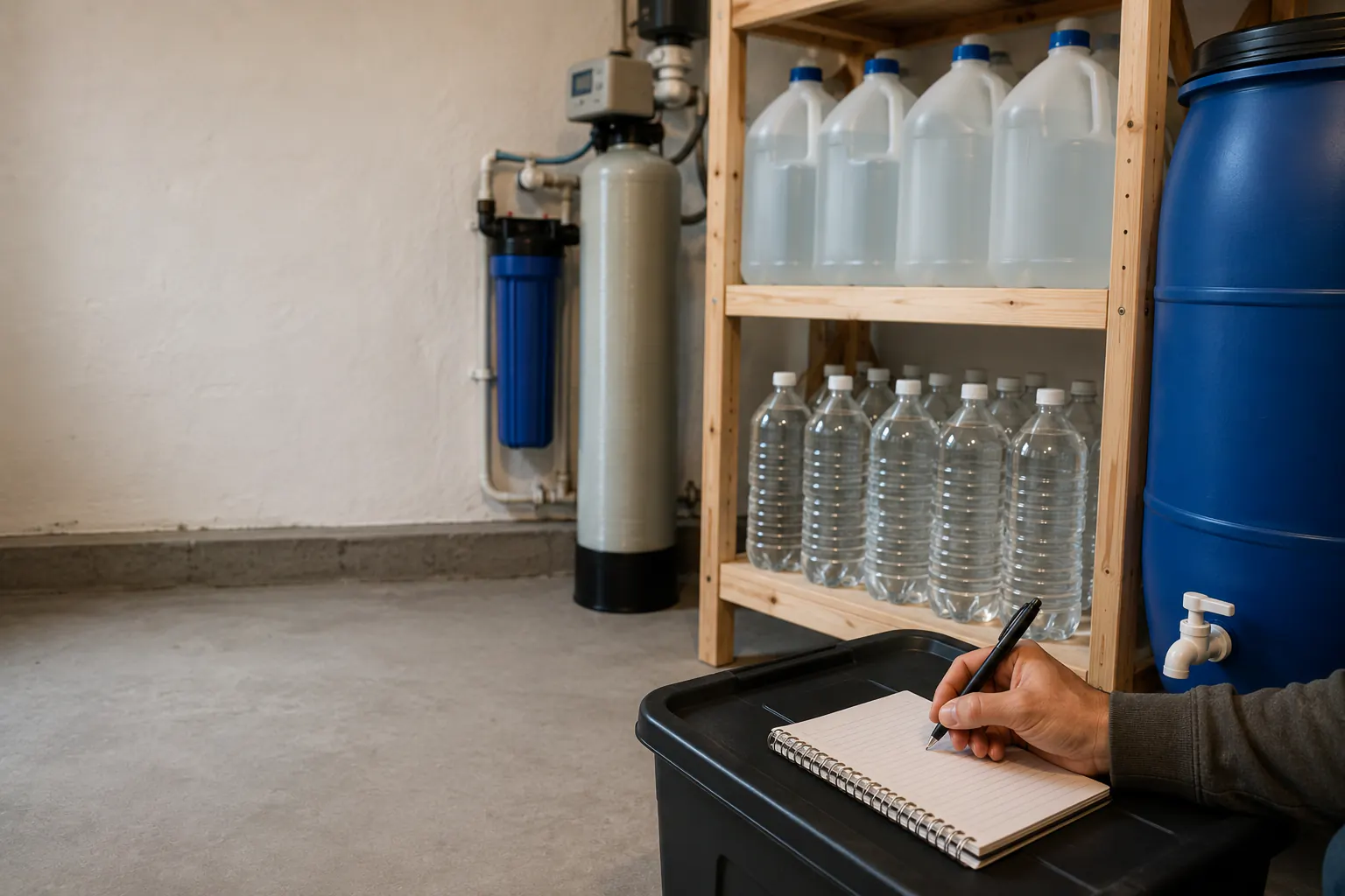 Sealed water containers of different sizes grouped on a low shelf in an ordinary utility space, with no readable markings.