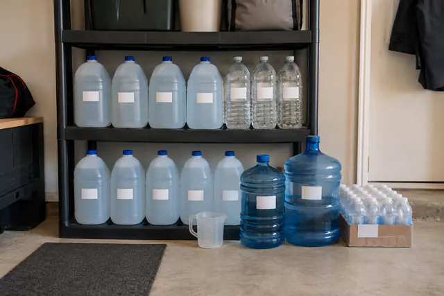 Water containers and bottled water arranged on sturdy shelving in a home utility area.