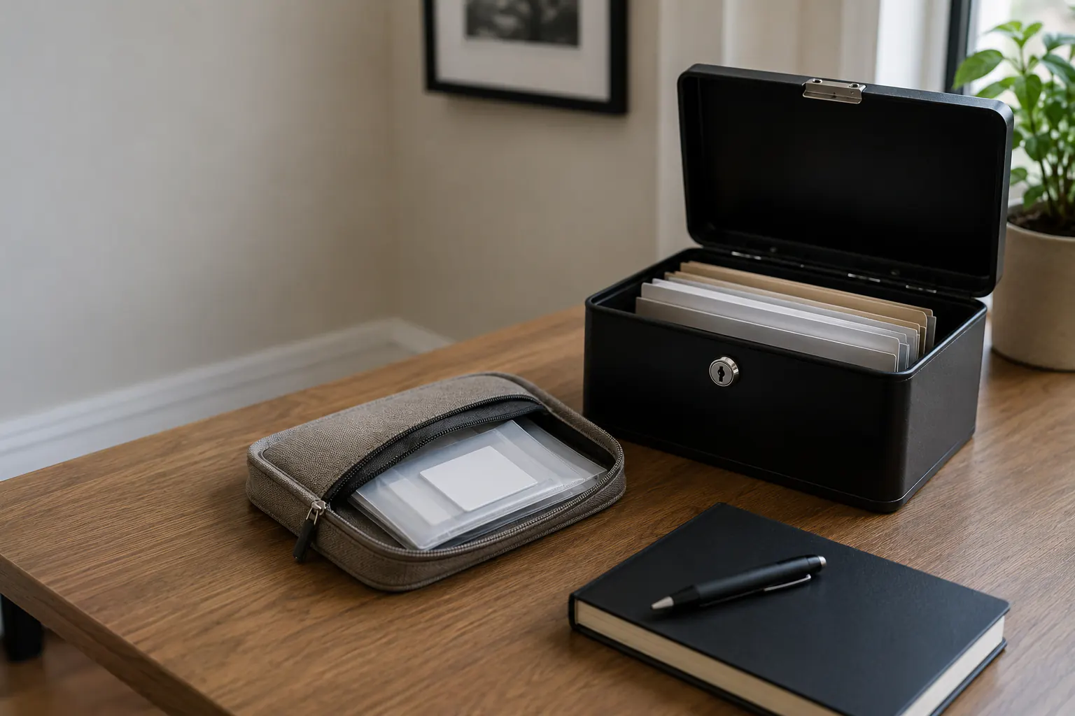 A closed document pouch and a sealed envelope on a desk beside a laptop, with no readable text or codes visible.