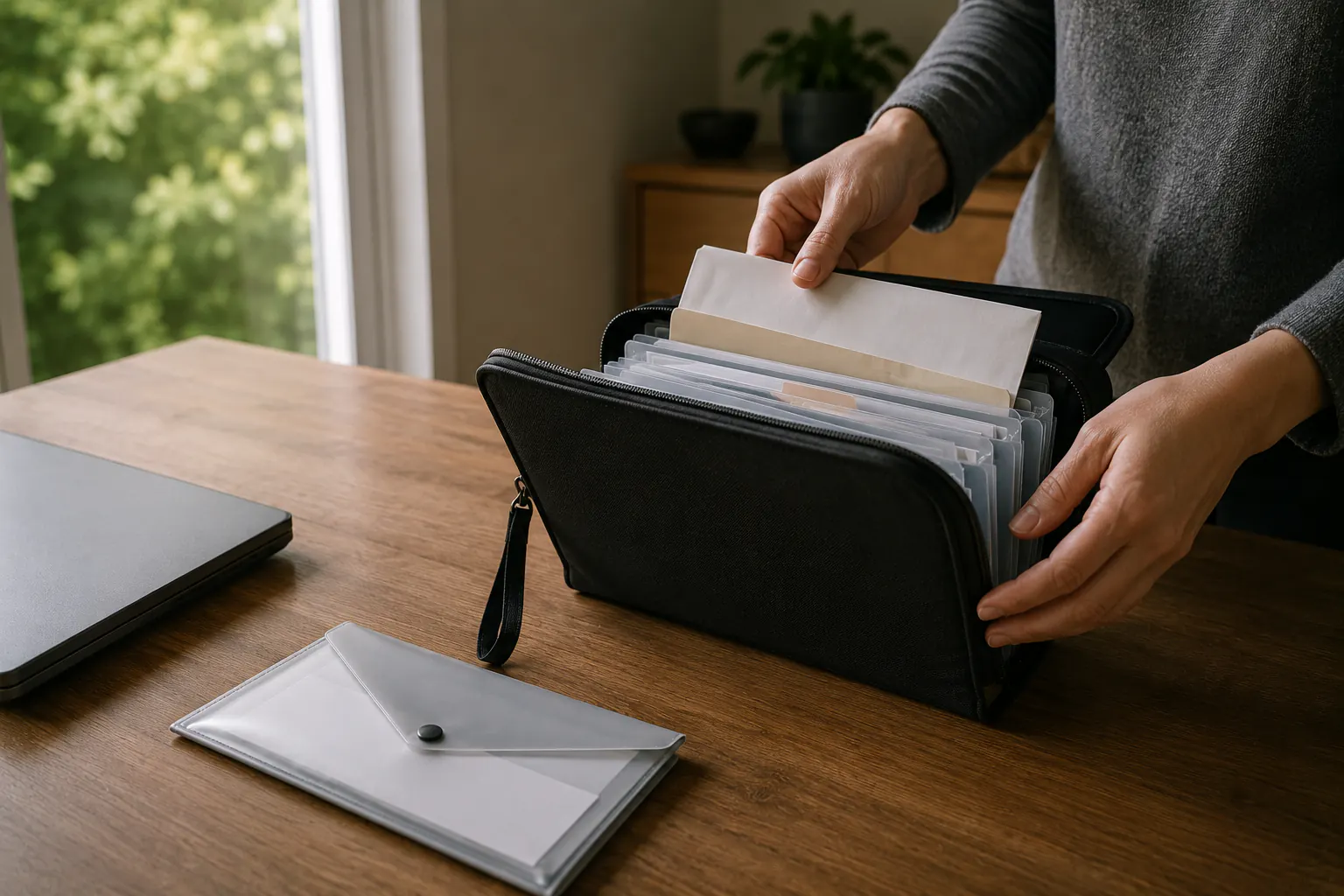 Hands sliding a document folder into a slim weather-resistant pouch on a table, with a bag open beside them.
