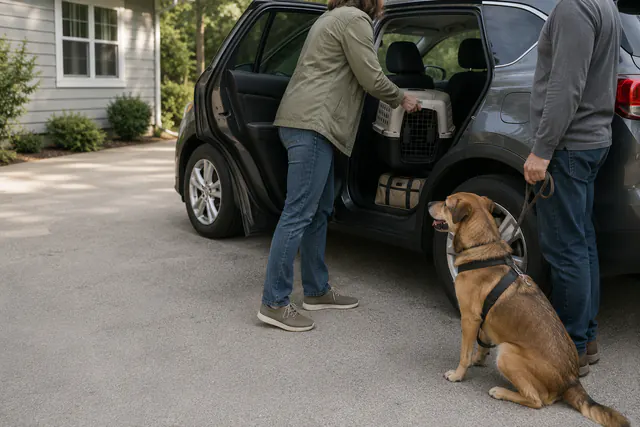 An adult framed below the shoulders placing a closed pet carrier into the open rear door of a parked family crossover, with a leashed dog in a harness waiting beside a second adult on a driveway.