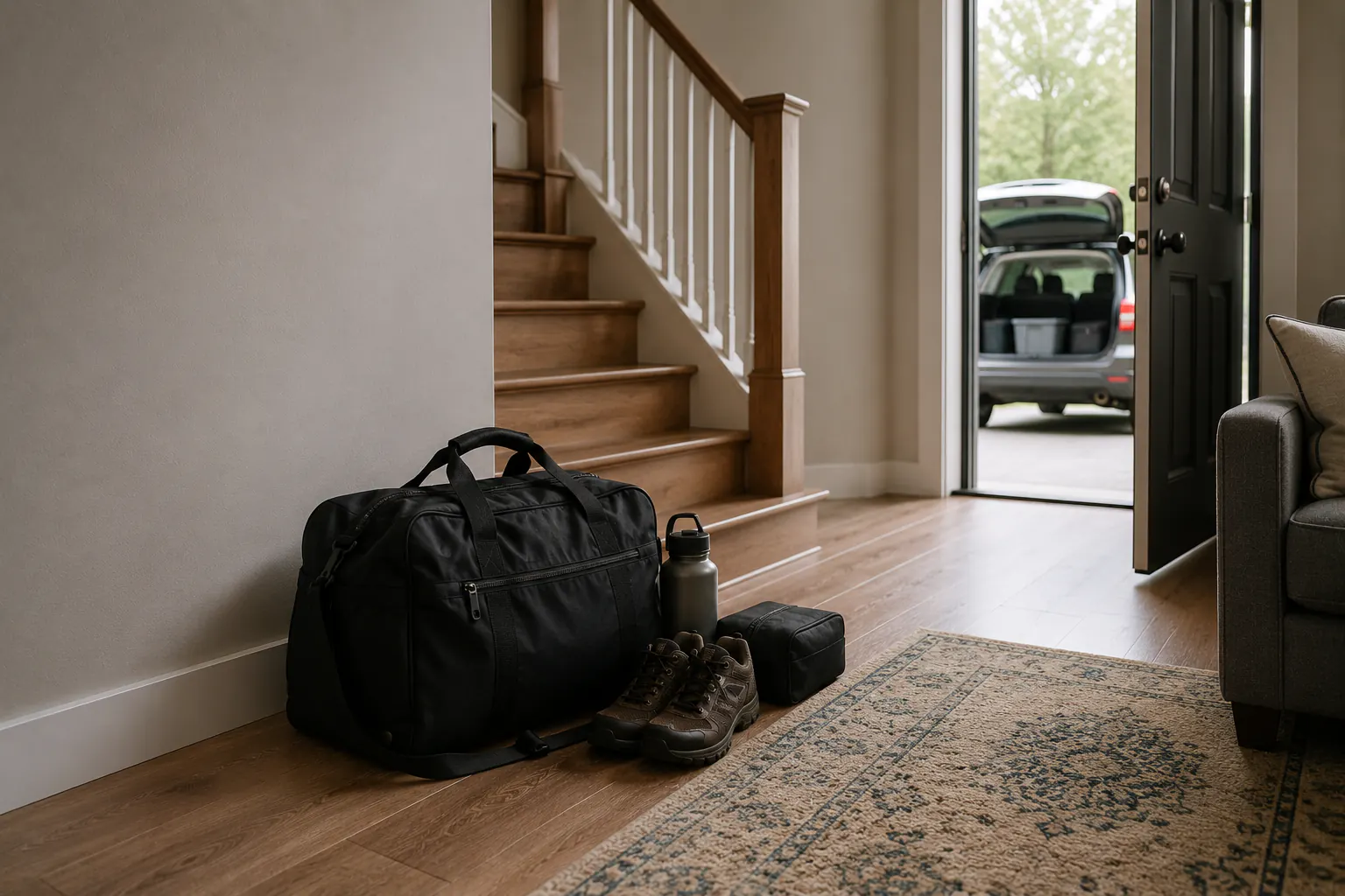 The open cargo area of a family crossover in a driveway, holding a duffel, a backpack, a sealed water bottle, and a document folder with space left over.