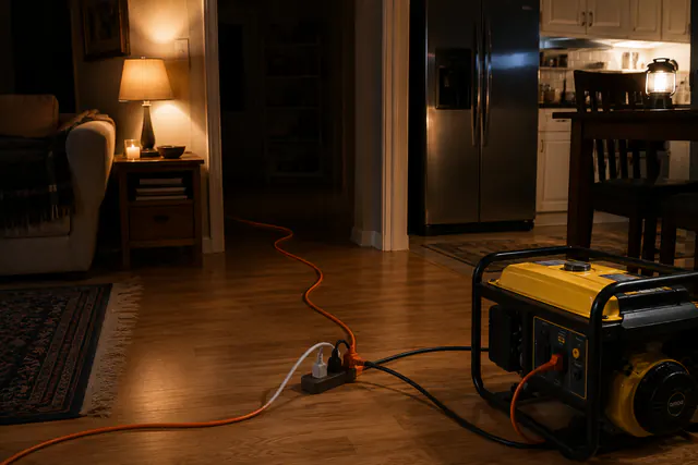 An extension cord run along a wall base with slack, plugged into a single wall outlet, no daisy-chaining or rugs over it.