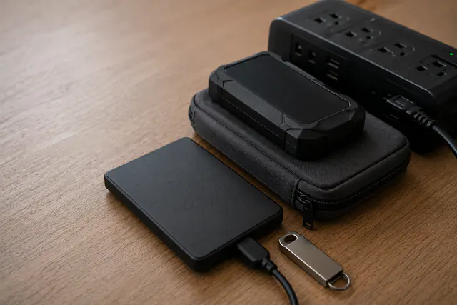 External drives, a compact battery bank, and a closed encrypted case grouped on a home desk, all unbranded.