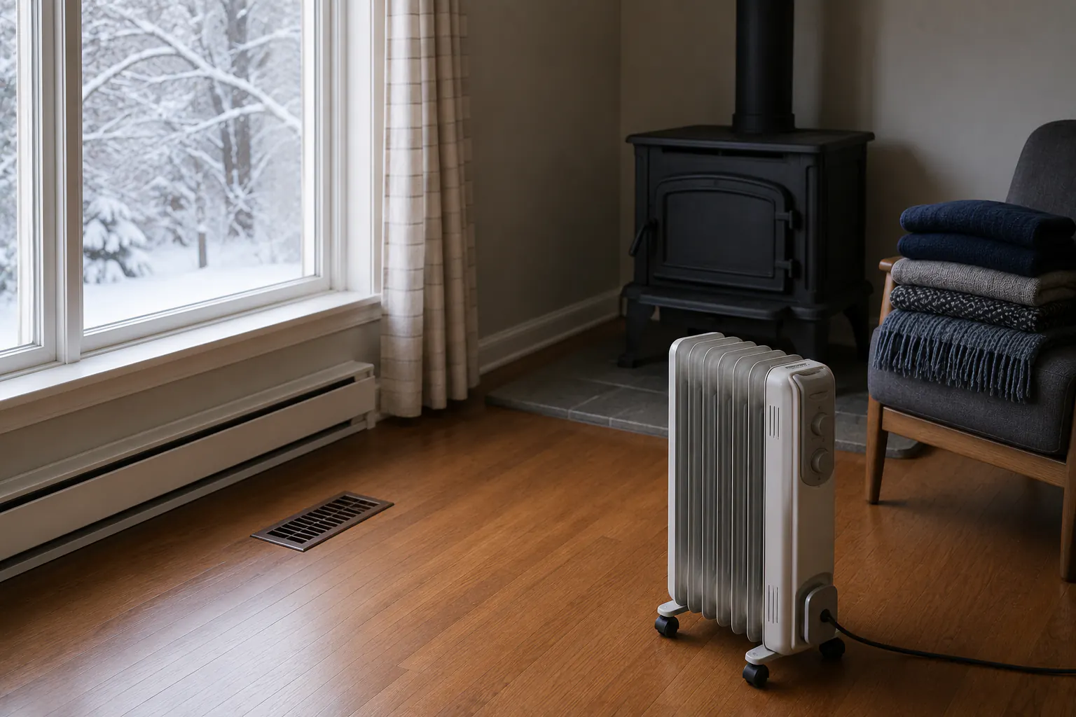 An oil-filled electric radiator switched off on bare hardwood floor with a cold wood stove behind it, folded blankets on a chair, and snow outside the window.