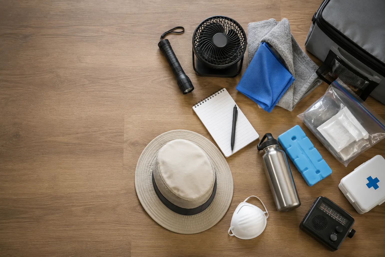 Portable fan, flashlight, water bottle, first-aid kit, radio, and small supplies arranged on a floor.