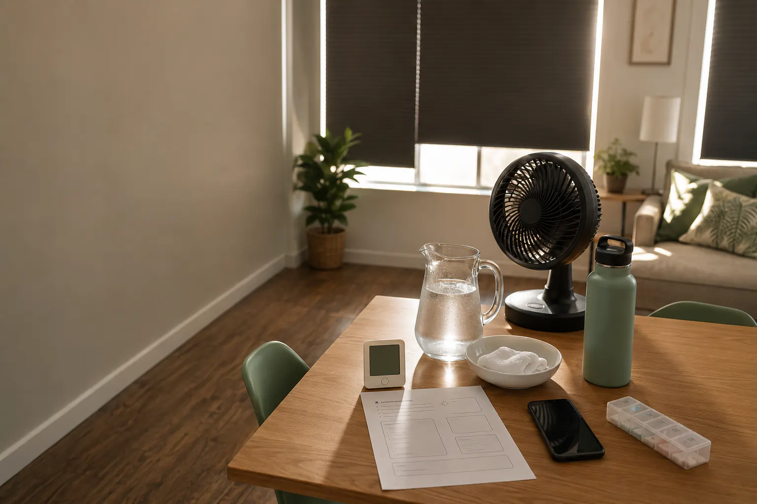 Shaded living room with water, a thermometer, a fan, and a paper heat plan arranged on a table.