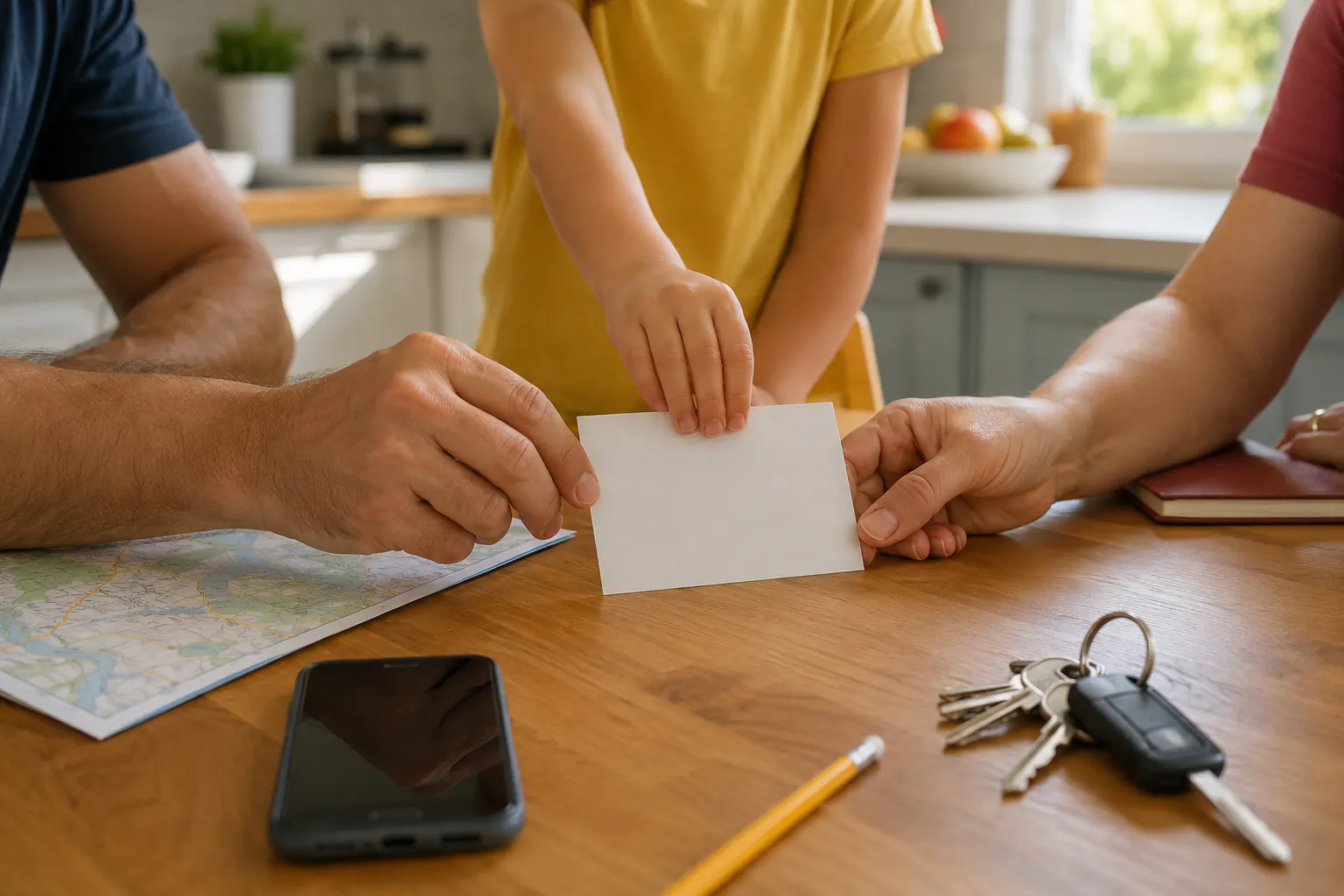 Two adults and a child holding a blank card over a paper map on a kitchen table with phone, pencil, and keys.