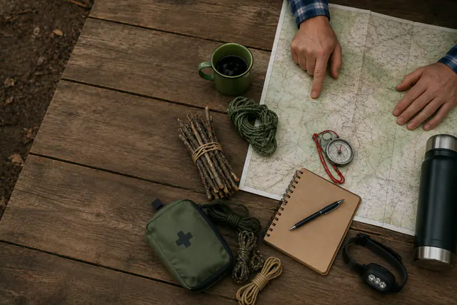 A family outdoor-skills layout with a map, compass, cordage, notebook, water bottle, and first-aid pouch.