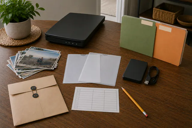 An overhead table workspace for archiving family records: a small stack of printed photos with no identifiable faces, a closed disconnected flatbed scanner, empty document sleeves, a disconnected external drive with a coiled cable, two blank-tabbed folders, a blank inventory card, and a closed envelope.
