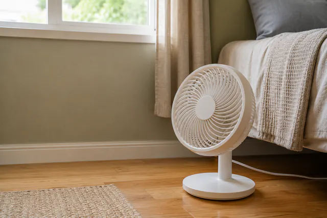 Small electric fan beside a bed near a window.