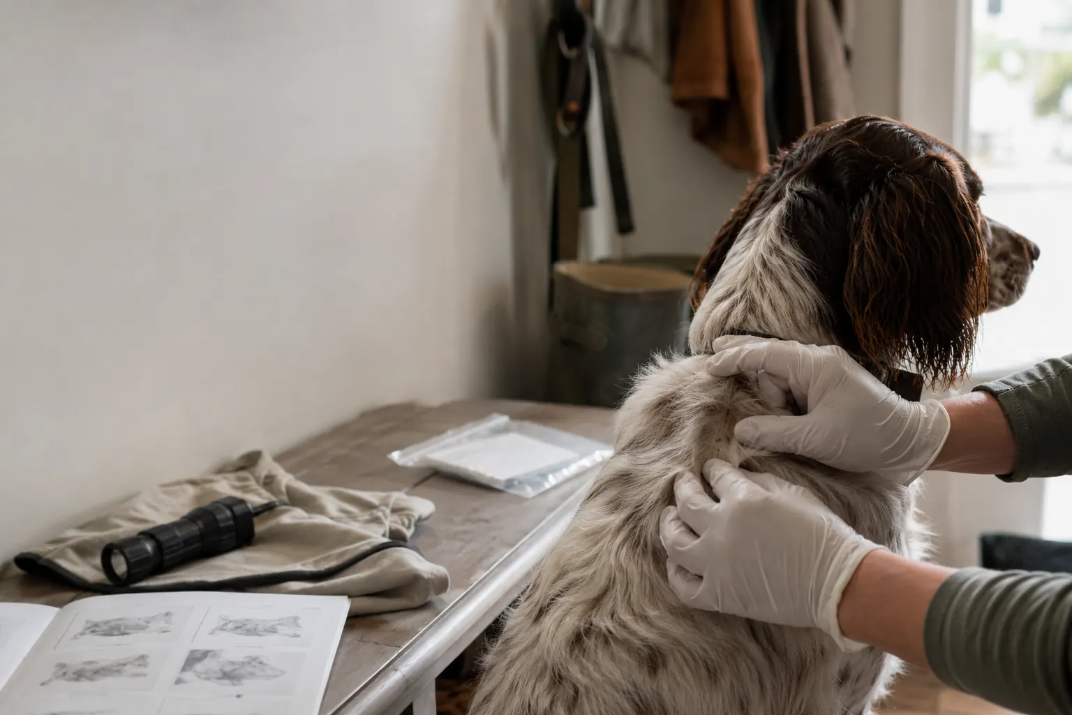Gloved hands checking a hunting dog's coat beside a field guide, flashlight, and sample bag on a bench.