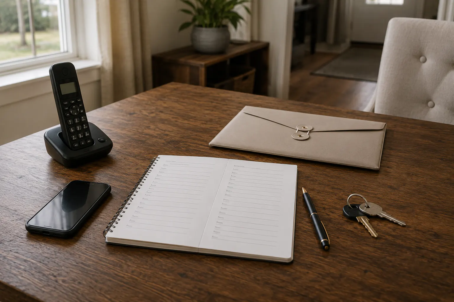 An open contact notebook with unreadable entries beside a cordless phone, an envelope, keys, and a phone face down.