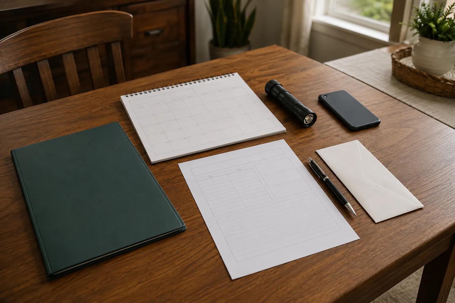 A blank calendar, an empty planning worksheet, a folder, an envelope, a flashlight, a pen, and a phone face down on a table.