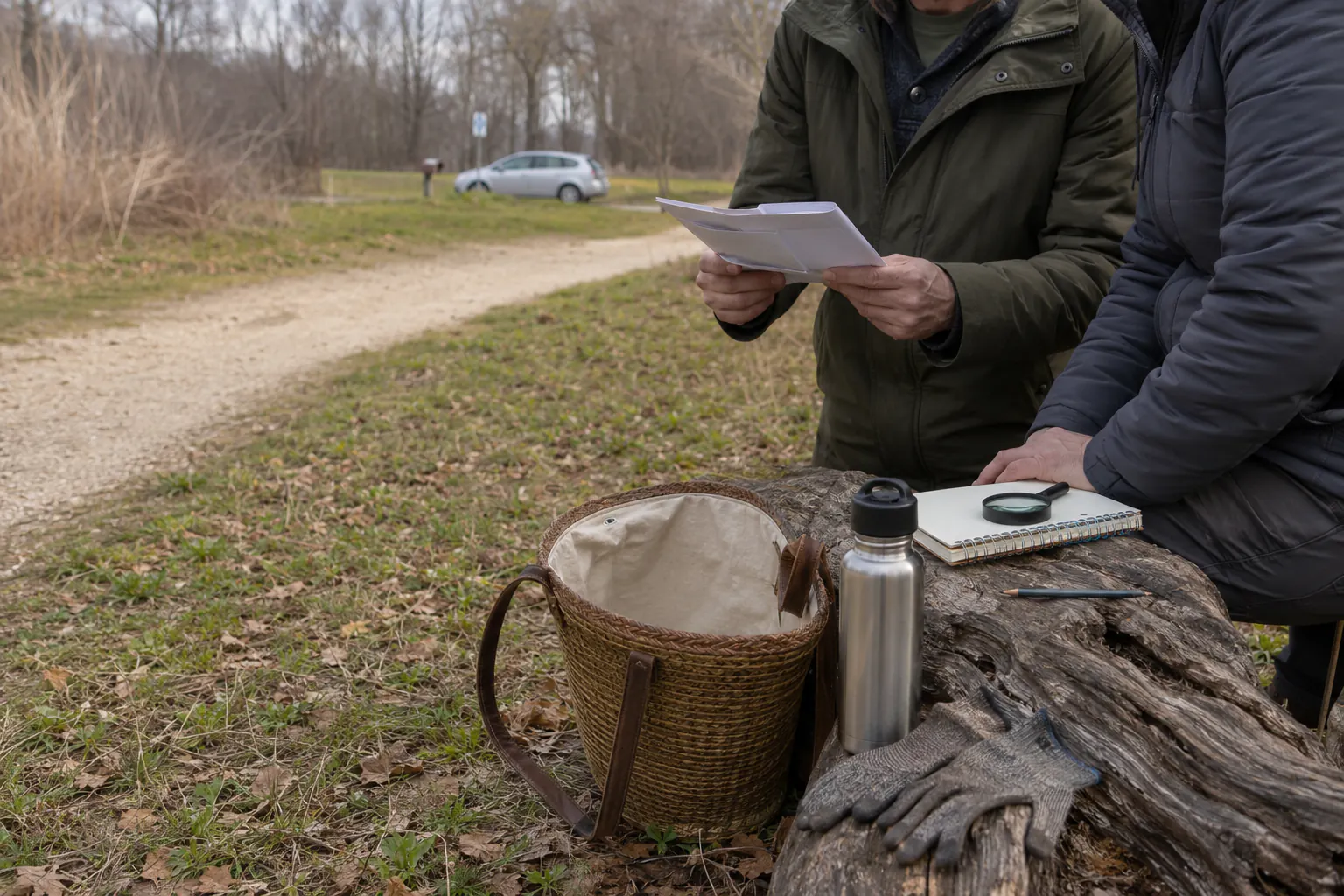 Two people reading a printed handout beside an empty basket, magnifier, and notebook at a trailhead.