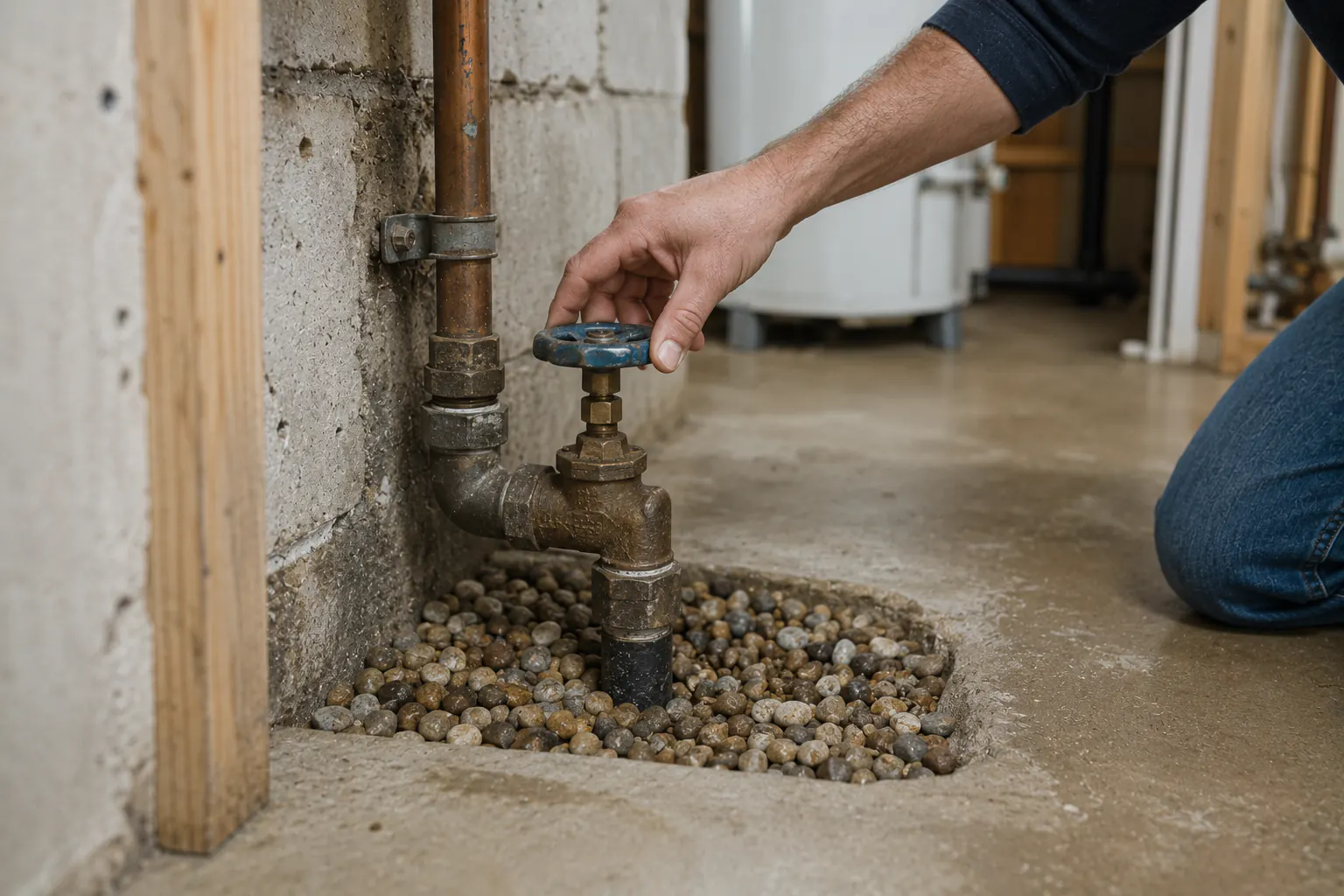 A residential main water shutoff valve on a supply line in a utility space, photographed straight on with clear access around it.