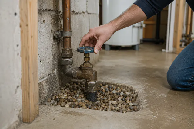 A residential main water shutoff valve on a supply line in a utility space, photographed straight on with clear access around it.
