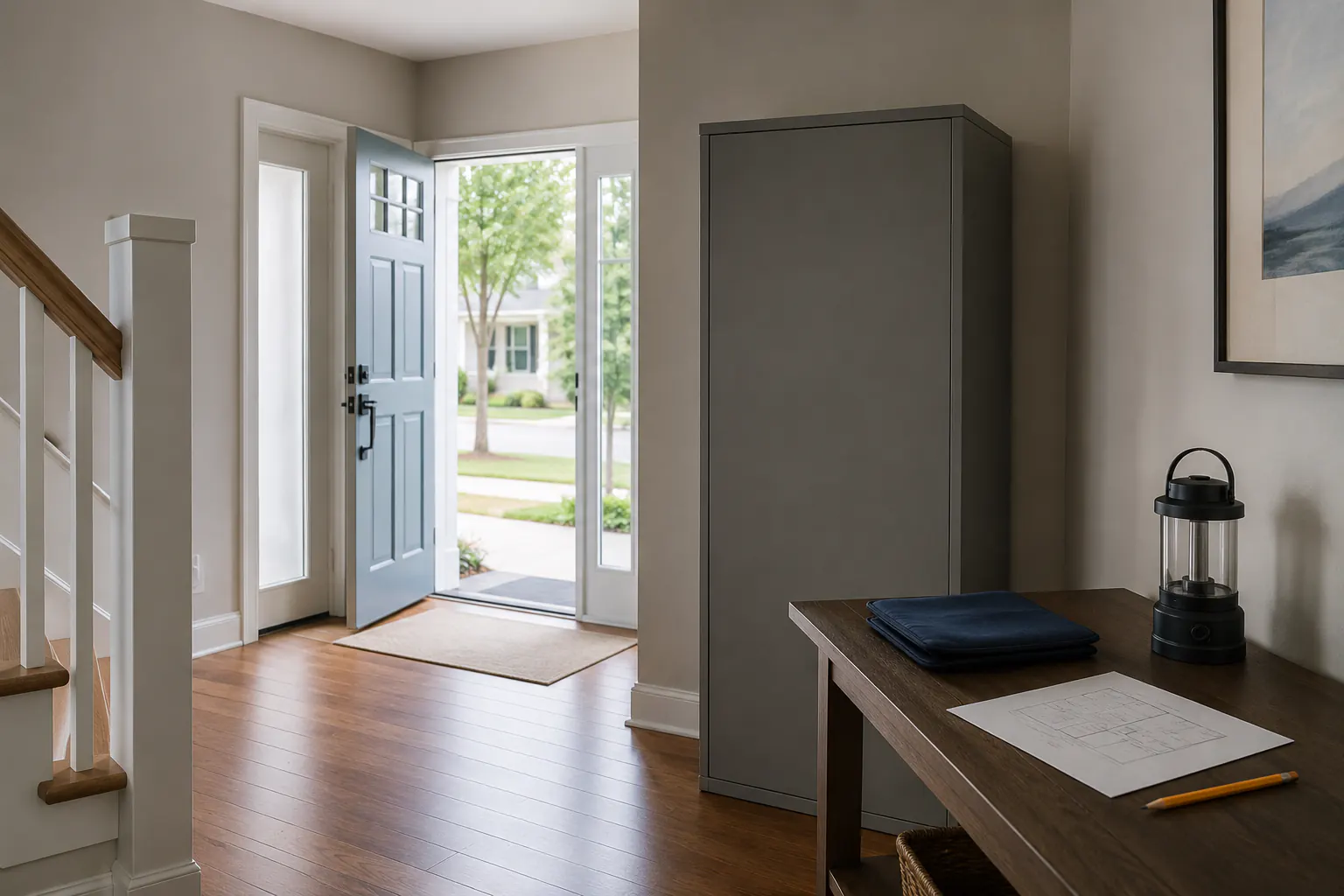 A closed plain storage cabinet in a home entry hall with an unobstructed open front door, a document pouch, a floor-plan sheet, a pencil, and a lantern on a nearby table.